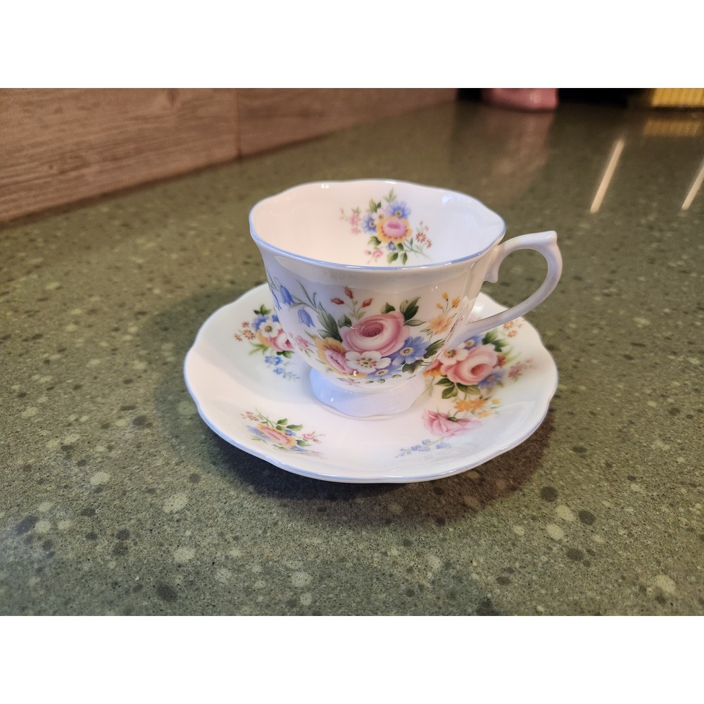 VTG Royal Albert Blue Rimmed Floral Teacup and Saucer